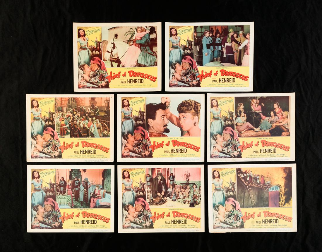 SET OF EIGHT THIEF OF DAMASCUS LOBBY CARDS.: Columbia Pictures, 1952. A few light stains and pinholes. 11"h. 14"w.