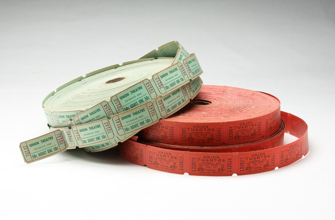 THREE ROLLS OF OHIO THEATRE TICKETS.: Ca. 1940s-50s. Unused from the Union Theatre, Richwood, Ohio.