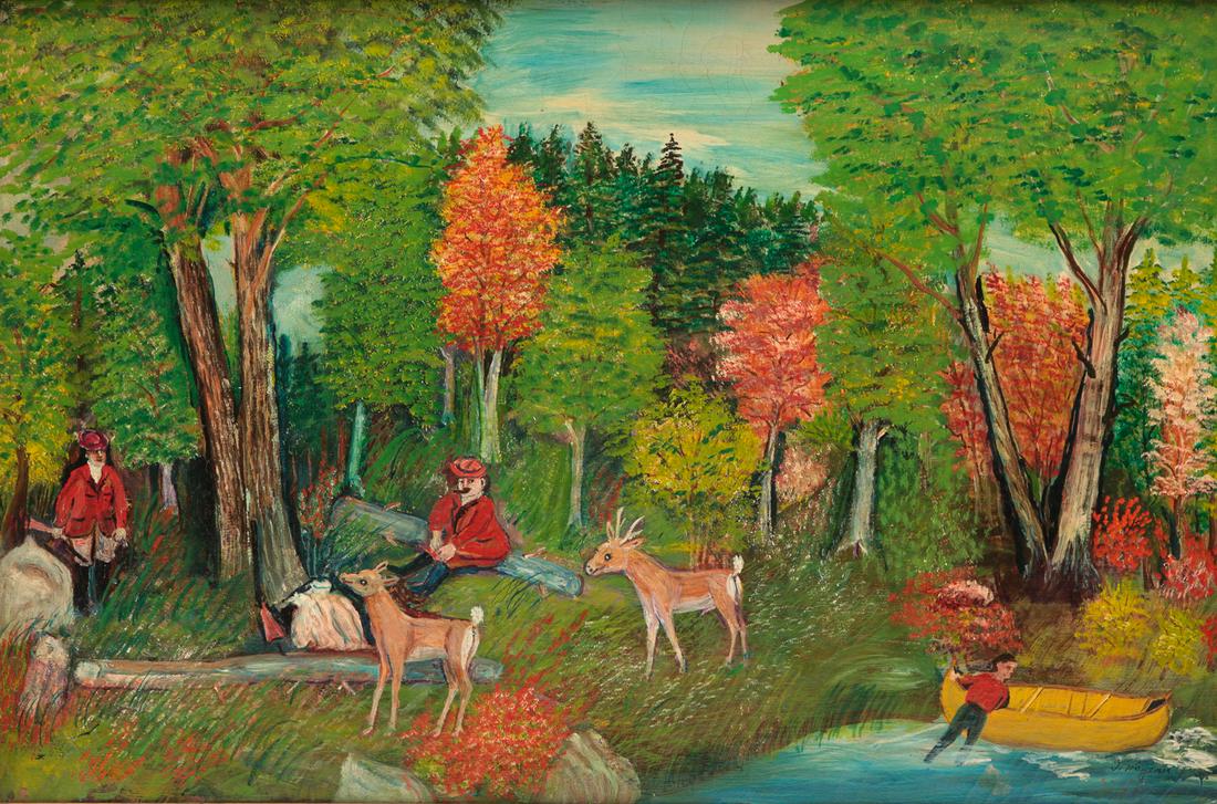 HUNTING CAMP BY FREDERICK WAGENER.: Pennsylvania (1890-1962). Oil on canvas, signed lower right. Colorful autumn scene with deer and hunters near a stream. 20"h. 30"w., framed, 24.5"h. 34.5"w. Wagener was active in Pittsburgh in the 193