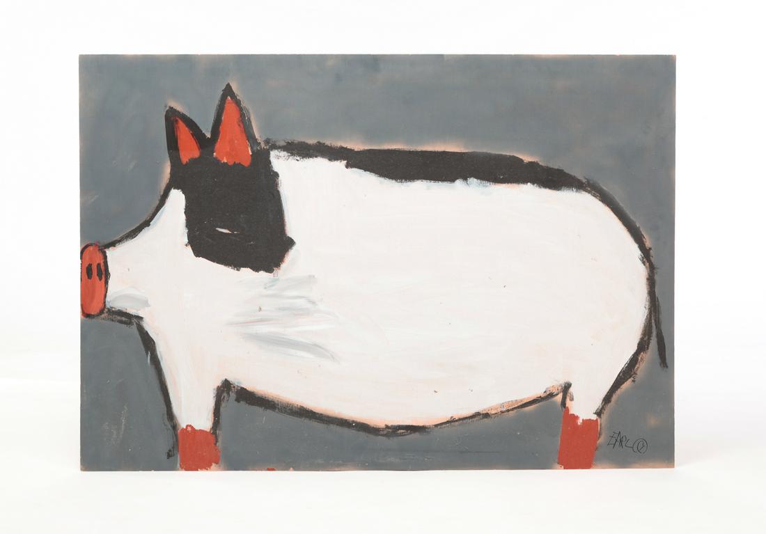 EARL SWANIGAN OUTSIDER PAINTING OF A PIG. (1 of 3)