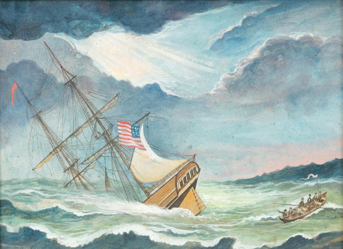 SHIPWRECK ATTRIBUTED TO THOMAS BIRCH.: Anglo/American (1779-1851). Gouache on paper, initialed TB lower left. Ship flying an American flag capsized in a storm. Framed under glass, 16"h. 19"w. Ex Elizabeth "Lib" Mankin (Connecticut).