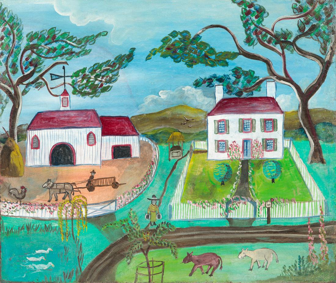 AMERICAN FOLK ART FARMSTEAD PAINTING. (1 of 4)