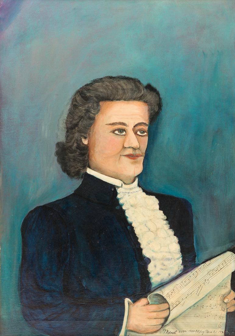 "MOZART" BY FREDERICK WAGENER.: Pennsylvania (1890-1962). Oil on canvas, unsigned, titled at bottom. Composer dressed in blue with biographical detail included in title. 34"h. 24"w., repurposed wooden frame, 42.5"h. 32.25"w. Wagener