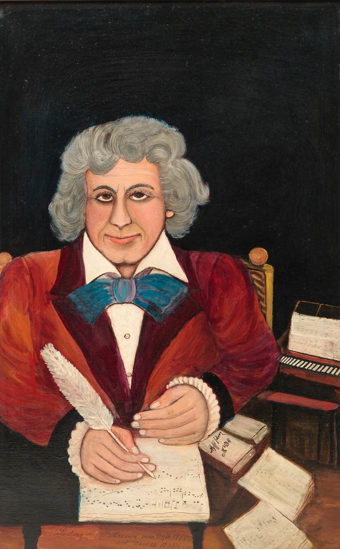 PORTRAIT OF BEETHOVEN BY FREDERICK WAGENER.: Pennsylvania (1890-1962). Oil on canvas, signed and titled at bottom. Composer seated at table with music sheets, biographical detail included in title. 34"h. 22"w., repurposed wooden frame, 40.25"h. 