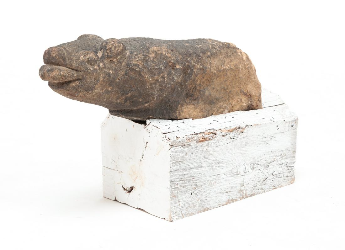 AMERICAN CARVED STONE BEAR ON PLINTH. (1 of 3)