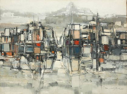 MAX GUNTHER "CLOSE" OIL ON CANVAS.: New York/Switzerland (1934-1974). Oil on canvas. Abstract city scene in muted colors. Signed to lower right. Half of frame is missing. 12.25"h. 15.75"w.