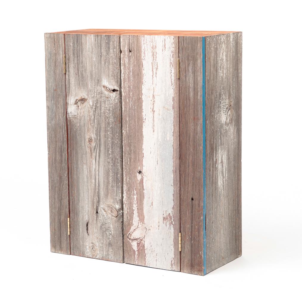 USABLE ART LOGJAM CABINET.: Designed by Robert C. Brandegee (1932-2022). Constructed of reclaimed siding with worn white paint. and new blue trim. 32"h. 25.75"w. 11.75"d.