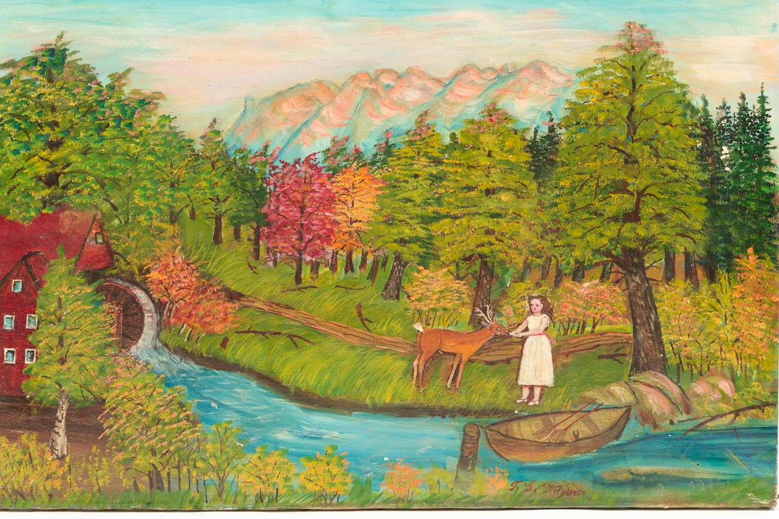 GIRL FEEDING DEER BY FREDERICK G. WAGENER. (1 of 4)