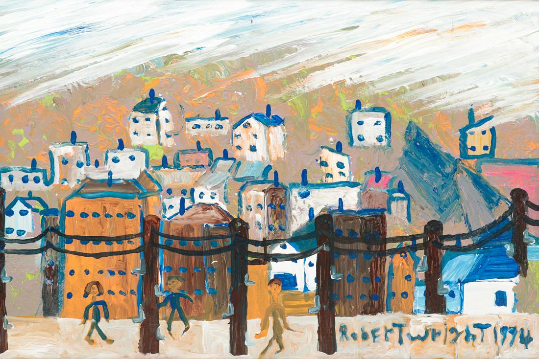 ROBERT WRIGHT TOWNSCAPE.: Pittsburgh, Pennsylvania (1943-2006). Dated 1994. Hillside with houses and people in blues, orange and green. Signed and dated to the lower right. Wear to frame. 25.5"h. 37"w.