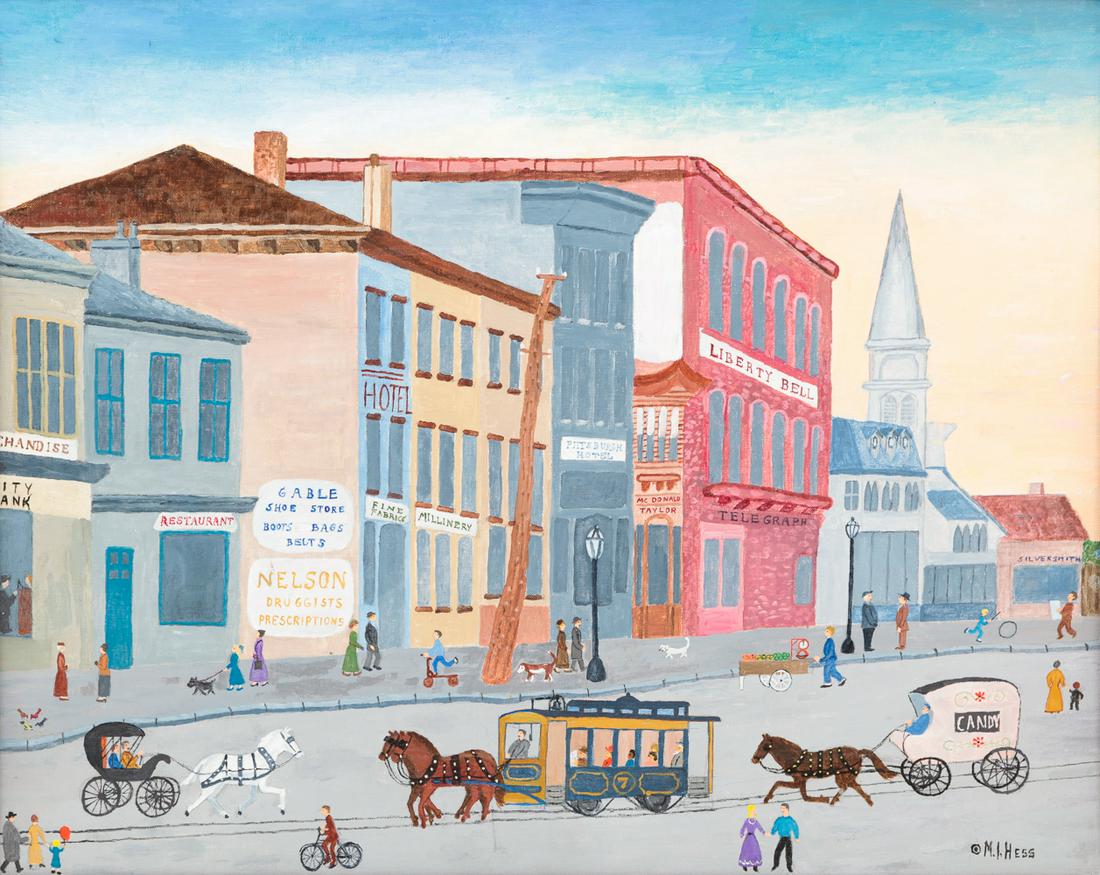 FOLKSY PITTSBURGH STREET SCENE SIGNED "M.I. HESS". (1 of 4)