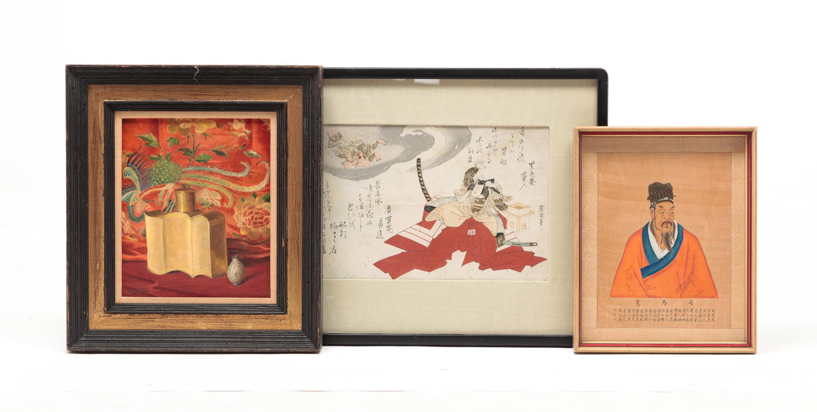 THREE ASIAN THEMED PAINTINGS AND PRINT. (1 of 6)