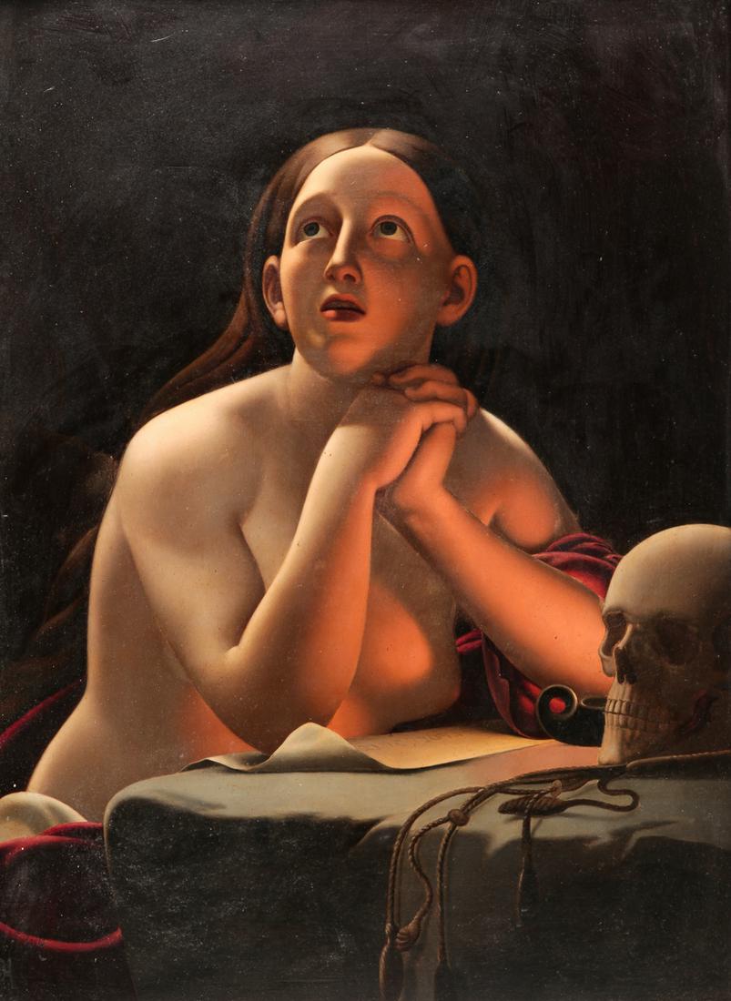 PORTRAIT OF MARY MAGDALENE.: American or European, late 19th-early 20th century. Oil on tin, unsigned. Chiaroscuro image of Mary and a skull. 26"h. 19.25"w., framed, 31.25"h. 24.25"w.