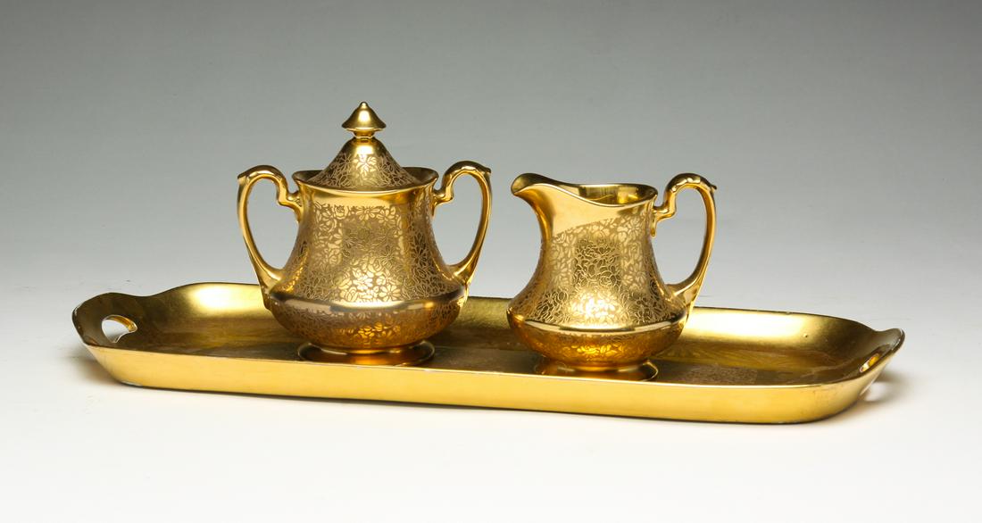 THREE PIECE PICKARD SUGAR AND CREAMER SET. (1 of 7)