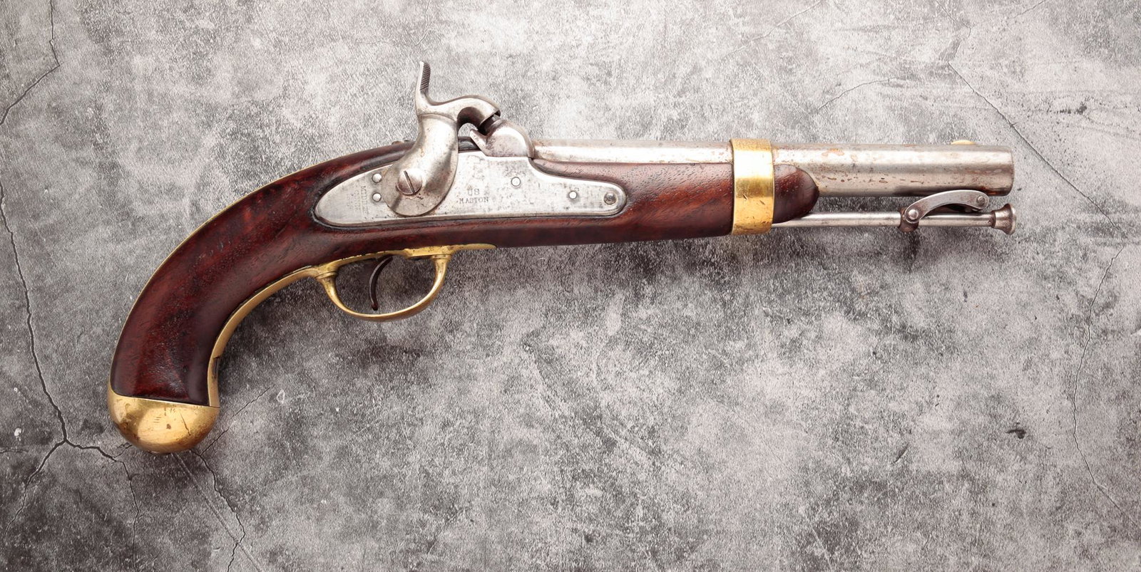 U.S. ASTON MODEL 1842 FLINTLOCK PISTOL: U.S. Henry Aston .54 caliber flintlock pistol. Smooth walnut stock with brass butt cap and trigger guard. Lock says "U.S./H. Aston" and "MIDDTN/CONN/1842". Swivel ramrod. Unserialized.