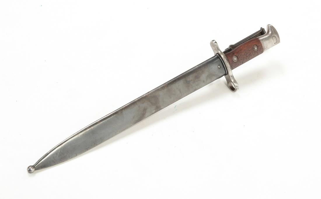 U.S. MODEL 1898 KRAG BAYONET WITH STEEL SCABBARD: Model 1898 Krag bayonet with steel scabbard. Wooden handle. 11-3/4" blade length, 16-1/4" overall.