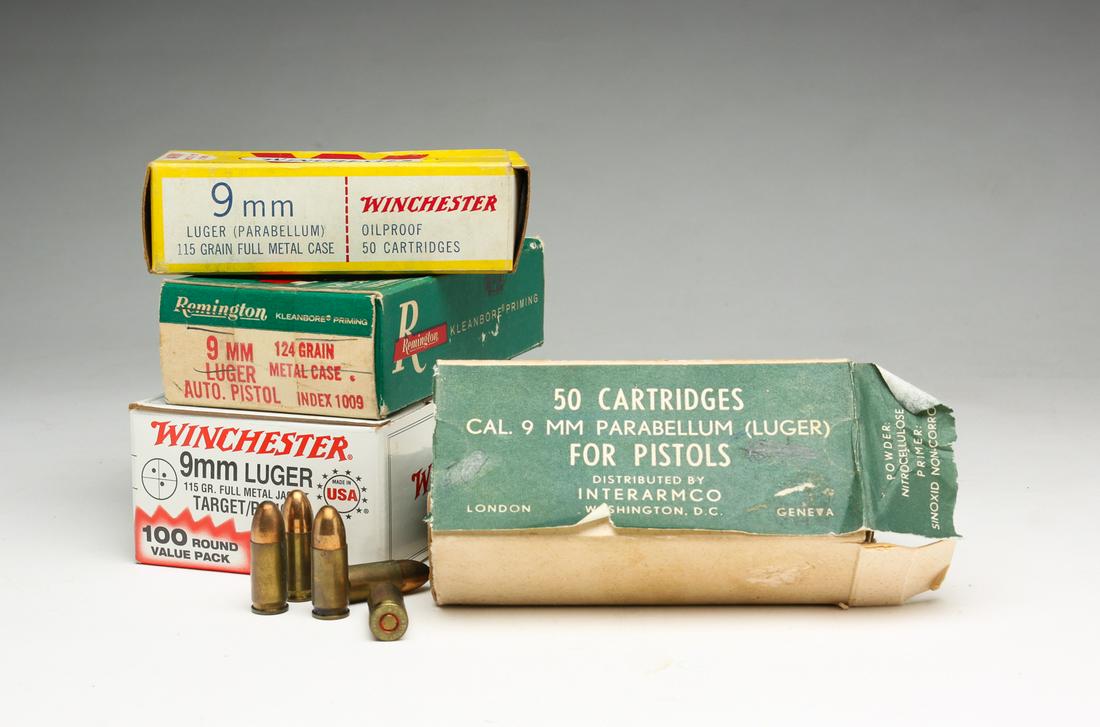 GROUP OF 9MM LUGER ROUNDS INCLUDING WINCHESTER: Group of 9mm Luger rounds. Includes 126 Winchester rounds, 46 Remington rounds, and 50 Interarm Co. rounds. 222 rounds total.