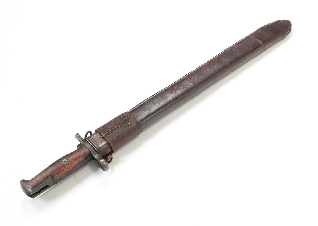 WWI U.S. SA 1906 BAYONET WITH LEATHER SCABBARD: WWI U.S. SA 1906 bayonet. Serial number 166159. Together with a 1908 Rock Island Arsenal leather scabbard. 15-7/8" blade length, 20-1/2" overall.