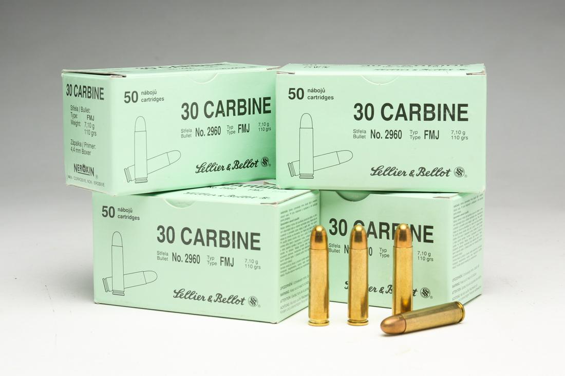 190 LELLIER & BELLOT 30 CARBINE ROUNDS: Group of 190 Lellier & Bellot 30 carbine rounds. Includes three full boxes of fifty rounds and one box of forty.