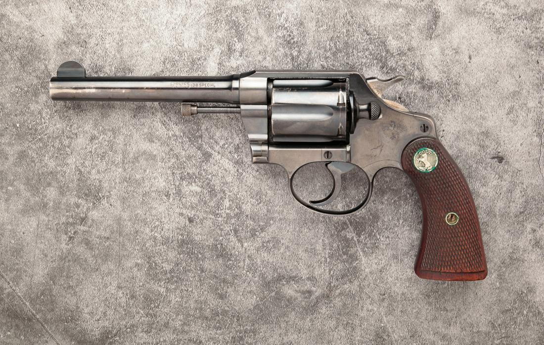 COLT POLICE POSITIVE .38 SPECIAL DA REVOLVER: Colt Police Positive .38 special double action revolver. Checkered walnut grips with blued frame, cylinder and barrel. 5" barrel length, 9-1/2" overall. Includes original box. Requires ATF form 4473.