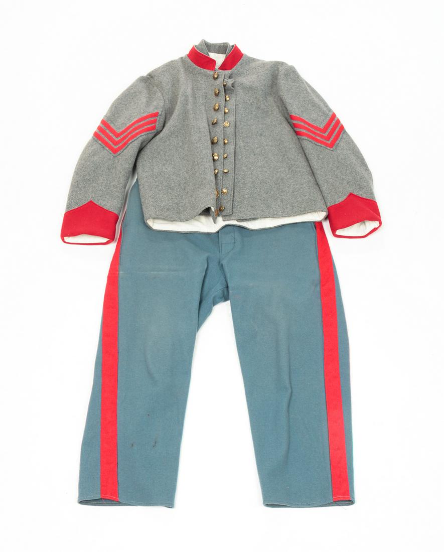 CONFEDERATE SERGEANT ARTILLERY REENACTMENT UNIFORM: Late 20th century, wool. Single breasted jacket, vest and trousers. Die cast brass buttons with embossed "A".
