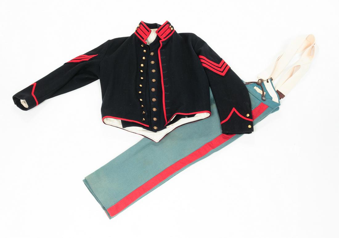 UNION SERGEANT REENACTOR'S UNIFORM: Late 20th century, wool. Single breasted short jacket, vest and light blue trousers.