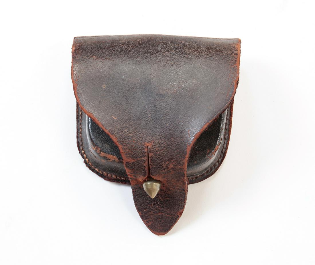CIVIL WAR LEATHER CAP BOX POSSIBLY CONFEDERATE: Leather cap box. Interior wool is intact. No maker's mark. Construction suggests possible confederate manufacture.