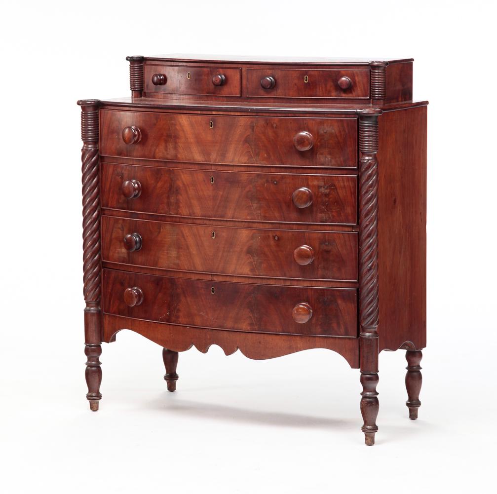 AMERICAN SHERATON BOWFRONT CHEST OF DRAWERS. (1 of 7)