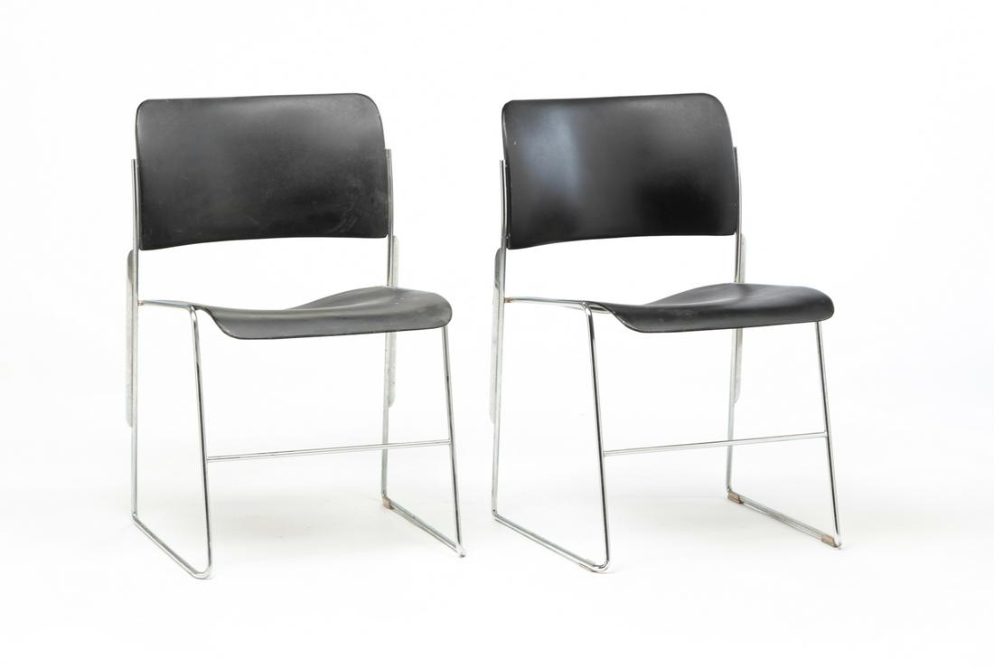 PAIR OF AMERICAN MID CENTURY MODERN STYLE CHAIRS.: Second half 20th century. Metal side chairs with chromed frames. Paper labels "GT Business Furniture, Designed by David Rowland". Minor wear. 17.5" seat, 30"h.