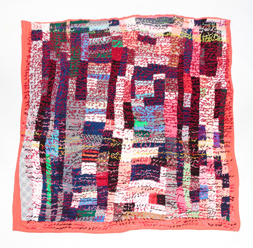 AMERICAN PIECED QUILT/COMFORTER.: Mid 20th century. Rectangles with yarn ties and brightly colored backing and edge. Machine sewn. A few minor stains. 80" x 84".