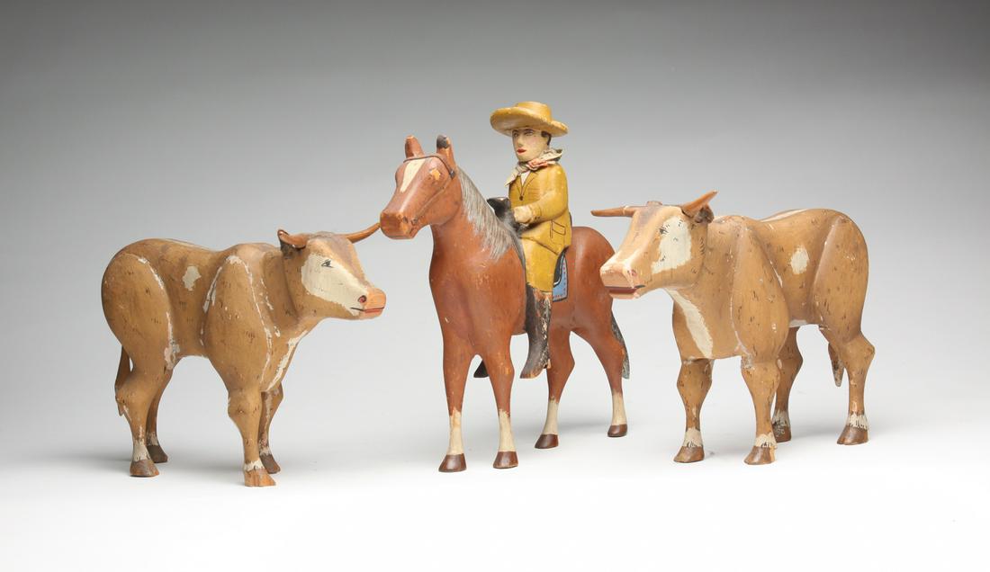 AMERICAN FOLK ART COWBOY AND TWO STEER. (1 of 6)