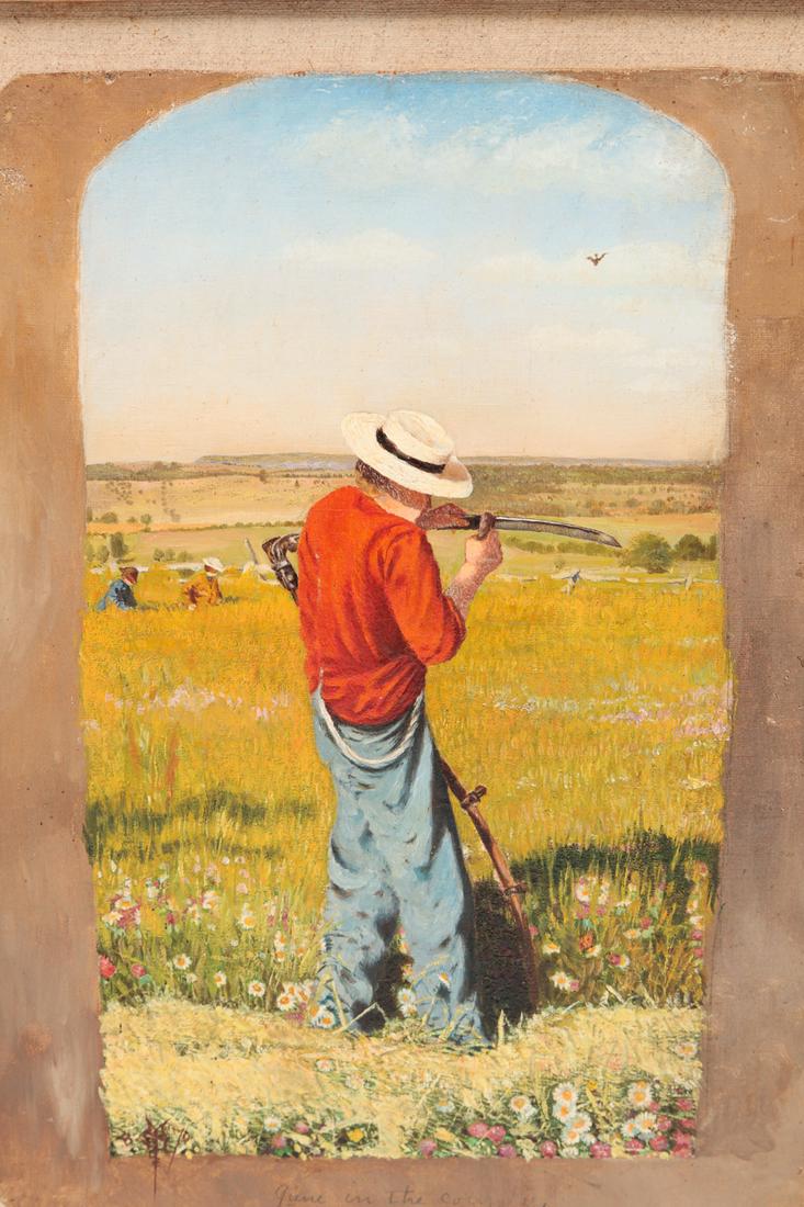 "JUNE IN THE COUNTRY" BY ROBERT BOLLING BRANDEGEE.: Connecticut/ New York, 1849 - 1922. Oil on canvas, artist monogram, title and date (18)70. Farmer in the field sharpening his scythe. Glued to board. Canvas, 14"h. 9.75"w., framed, 21"h.17"w.
