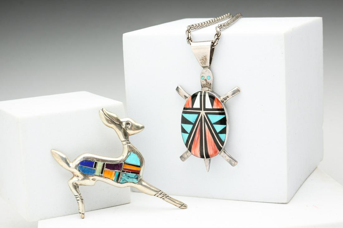 STERLING NAVAJO INLAID STONE NECKLACE AND PIN. (1 of 5)