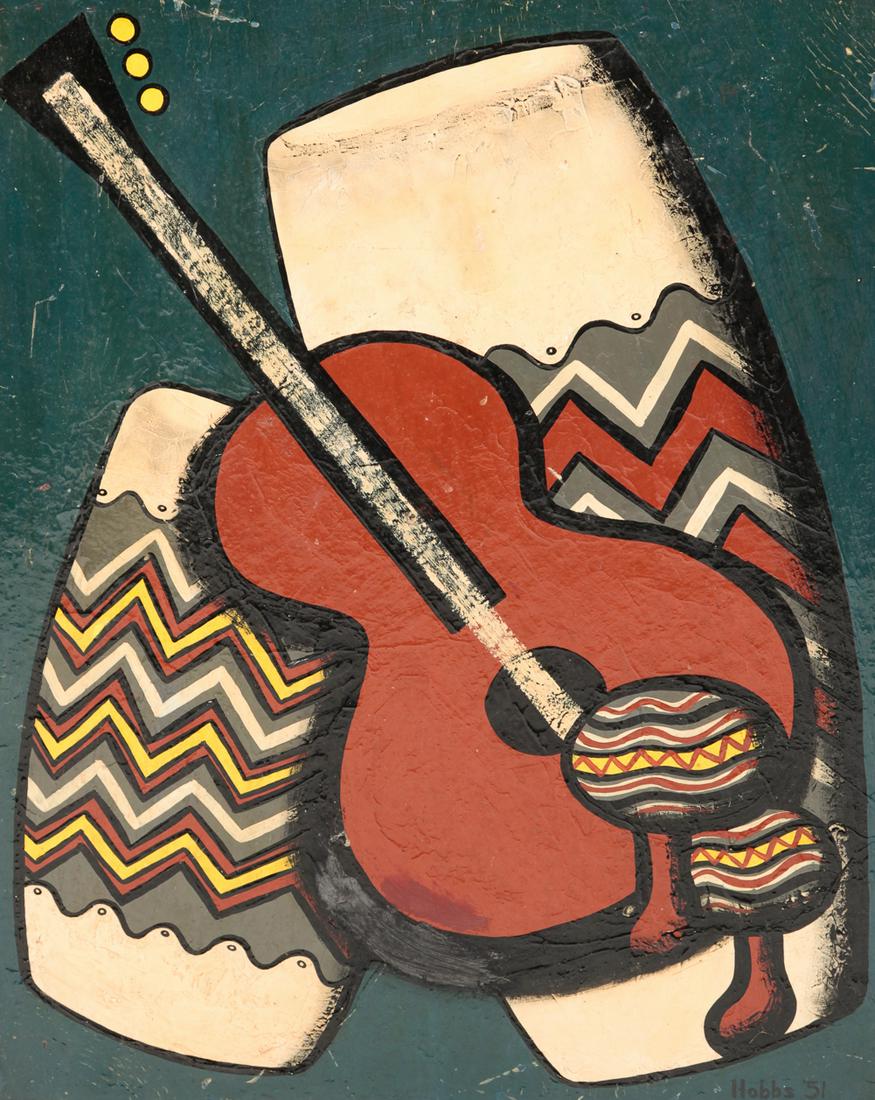AMERICAN OIL ON BOARD STILL LIFE SIGNED HOBBS.: Dated (19)51. Guitar and bongo drums in muted colors. 20"h. 16"w. Framed 24"h. 20"w.