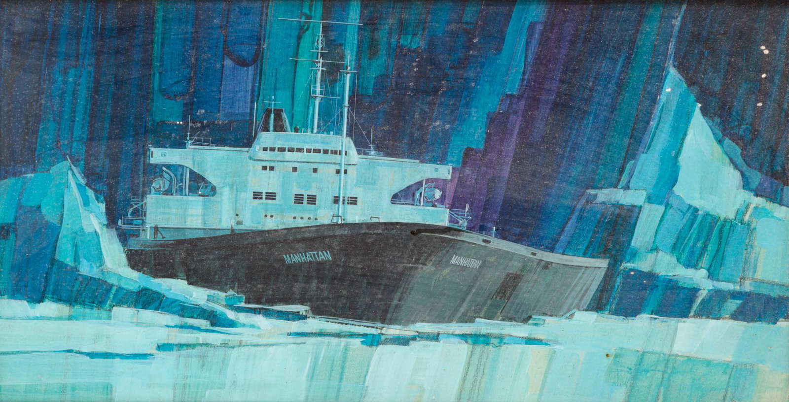 ILLUSTRATION OF THE SHIP "MANHATTAN".: American, 3rd quarter 20th century. Gouache on bristol board, unsigned. Ice breaking ship at night. 13"h. 25"w., framed, 19.5"h. 31.5"w.