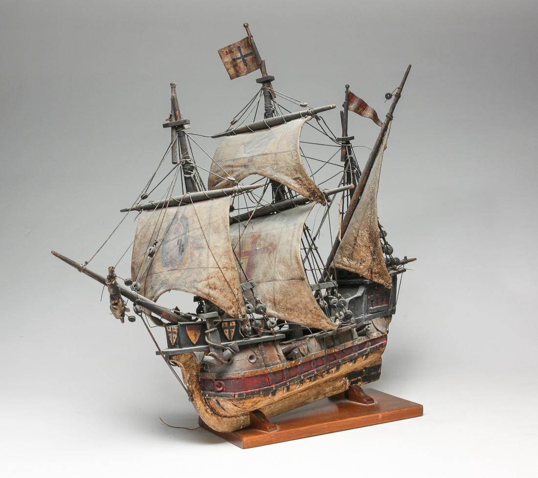MODEL OF A SPANISH SAILING SHIP.: Second half 20th century. Wood hull and masts, canvas sails and colorfully painted hull. Rigging has damage. 22.5 "h. 26.5" I.