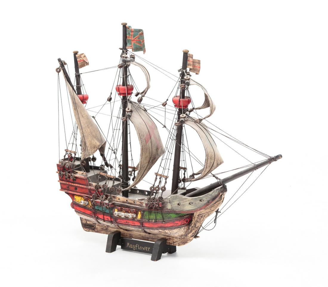 MODEL OF THE MAYFLOWER.: Second half 20th century. Wood hull and masts, canvas sails and brightly colored paint some wear. 24"h. 26"I.