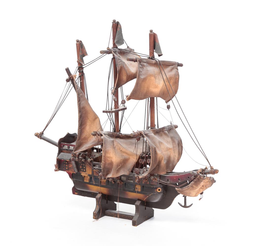 MODEL OF THE MAYFLOWER.: Second half 20th century. Wood hull and masts, canvas sails and colorful paint. Some rigging damage. 22"h. 23"I.