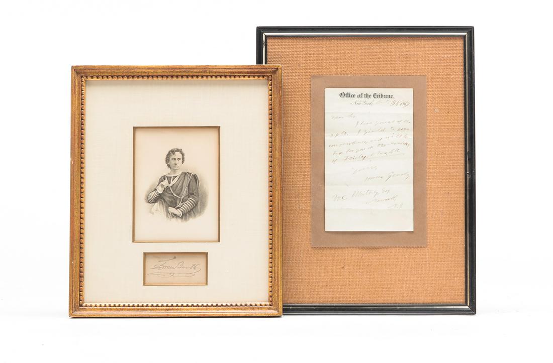 HORACE GREELY SIGNATURE AND EDWIN BOOTH ENGRAVING. (1 of 5)