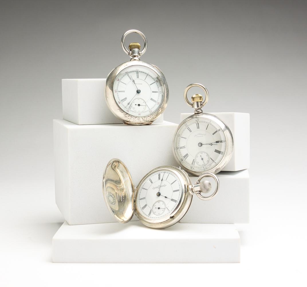 THREE POCKET WATCHES WITH COIN SILVER CASES. (1 of 7)