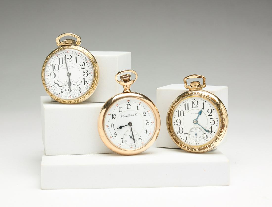 THREE AMERICAN 16 SIZE 21 JEWEL POCKET WATCHES. (1 of 7)
