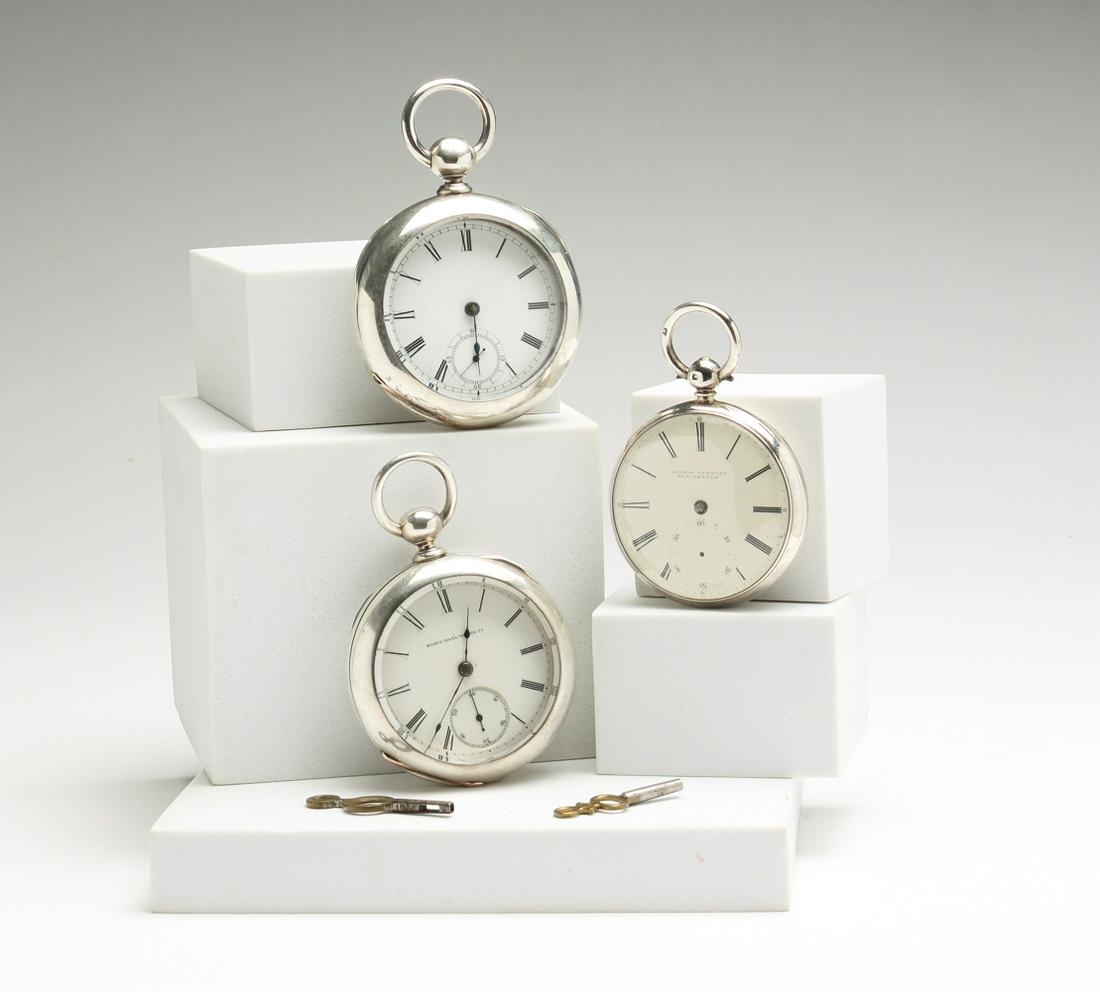THREE 18 SIZE POCKET WATCHES WITH SILVER CASES. (1 of 5)
