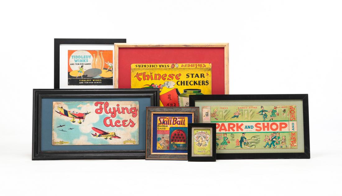 SIX FRAMED GAME BOARD BOX LIDS. (1 of 8)