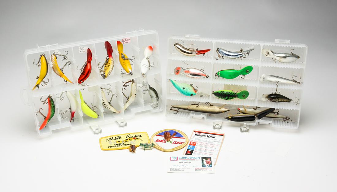 ASSORTED LURES, PINS AND PATCHES. (1 of 3)