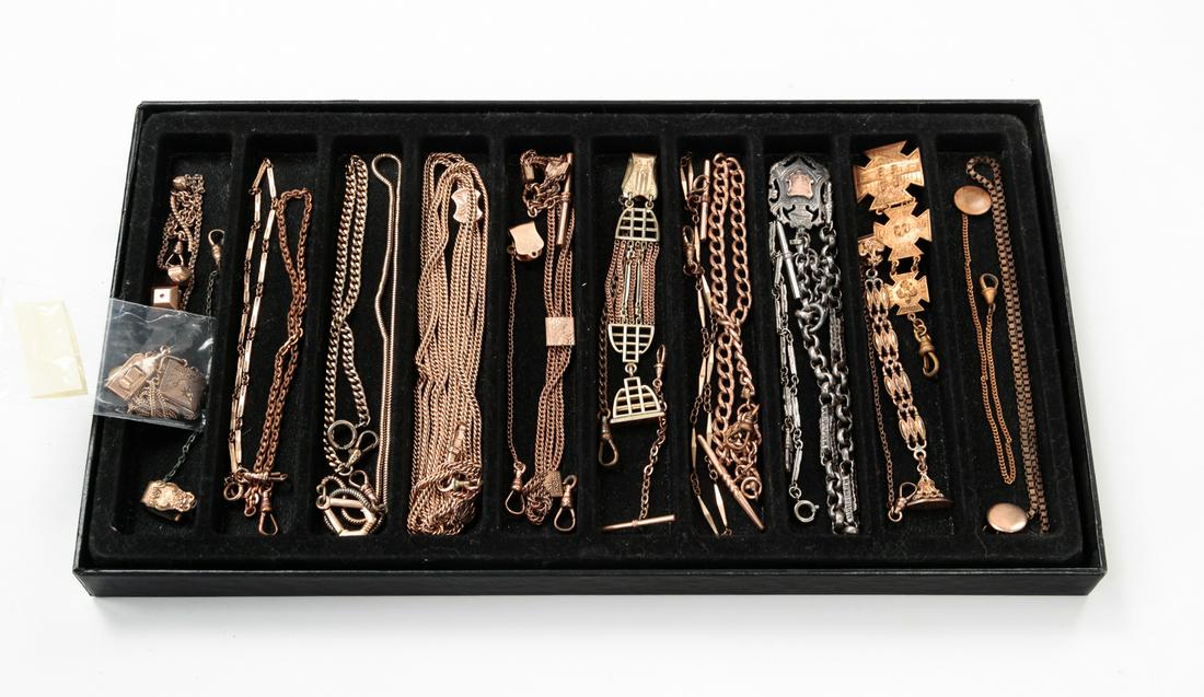 GROUP OF VINTAGE WATCH CHAINS AND FOBS. (1 of 3)