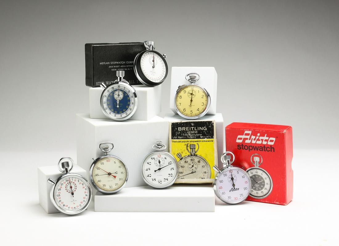 SEVEN STOPWATCHES.: Twentieth century. Included are "Breitling", "Mylan 410", "Aristo" By Compass Industries, "Gako", "Clebar" and "Waltham". Please Note: Garth's does not warranty the watches at the time of the auction