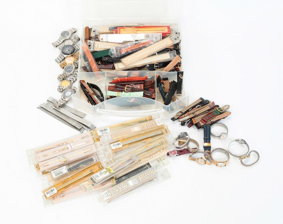 LARGE GROUP NEW AND OLD STOCK WATCH BANDS.: Includes leather and metal bands, some vintage wristwatches (no guarantee on watches, sold as is).