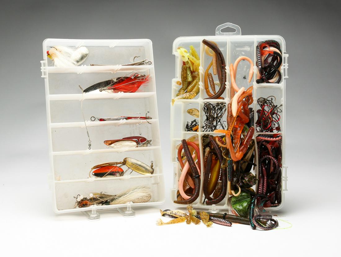 ASSORTED SPOONS, HOOKS AND WORMS. (1 of 3)