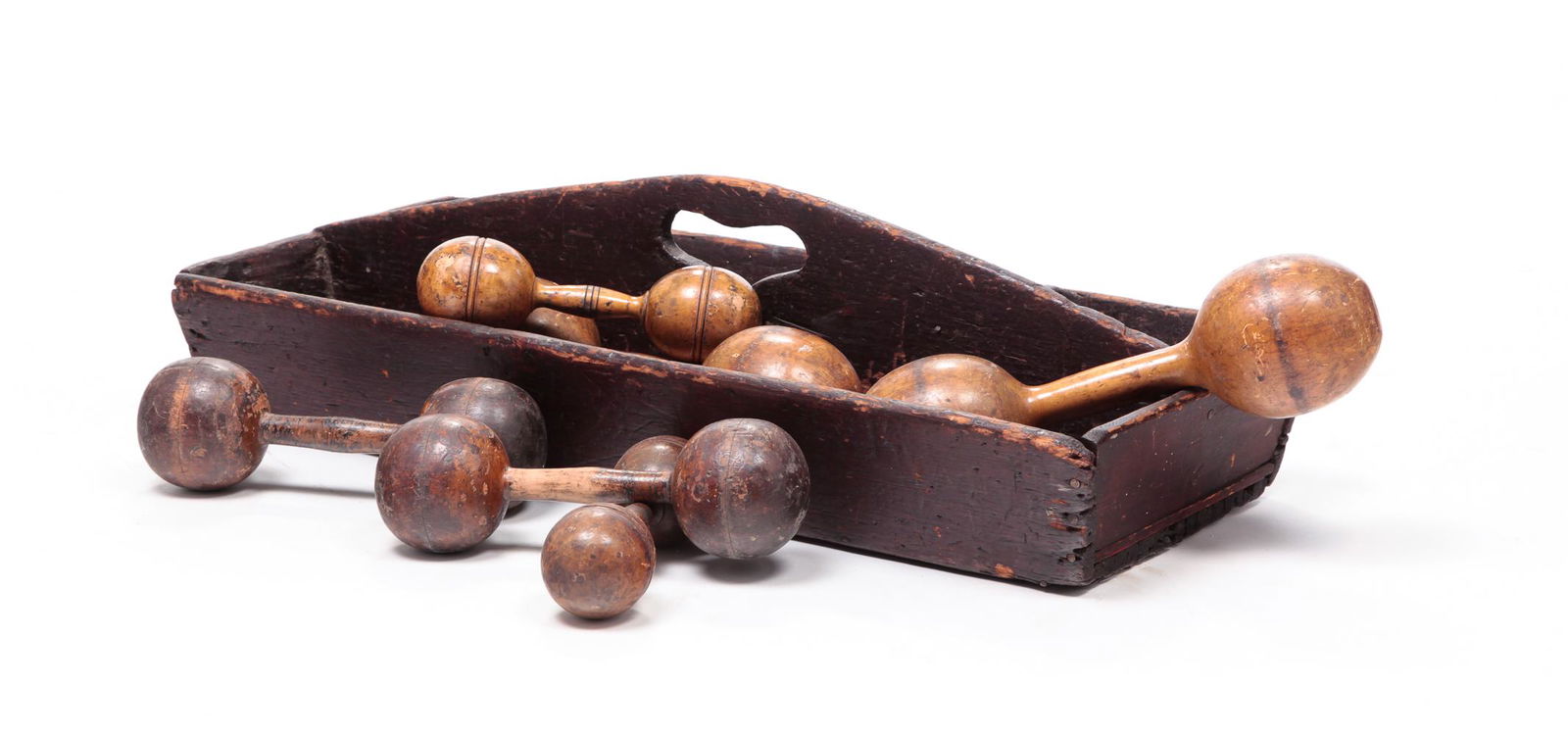 AMERICAN WOODEN DUMB BELLS AND TOOL CARRIER. (1 of 5)