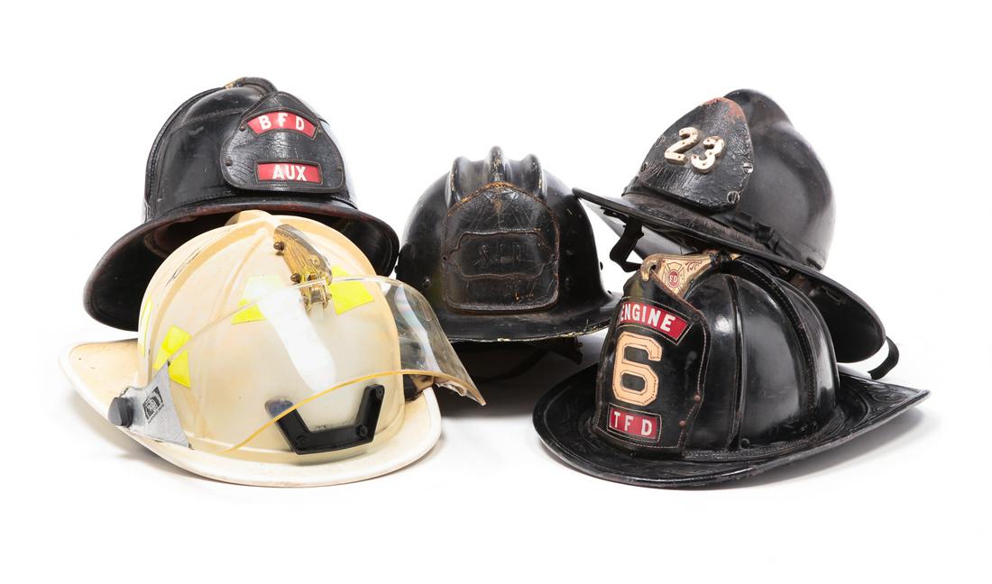 FIVE AMERICAN FIREFIGHTER HELMETS. (1 of 9)