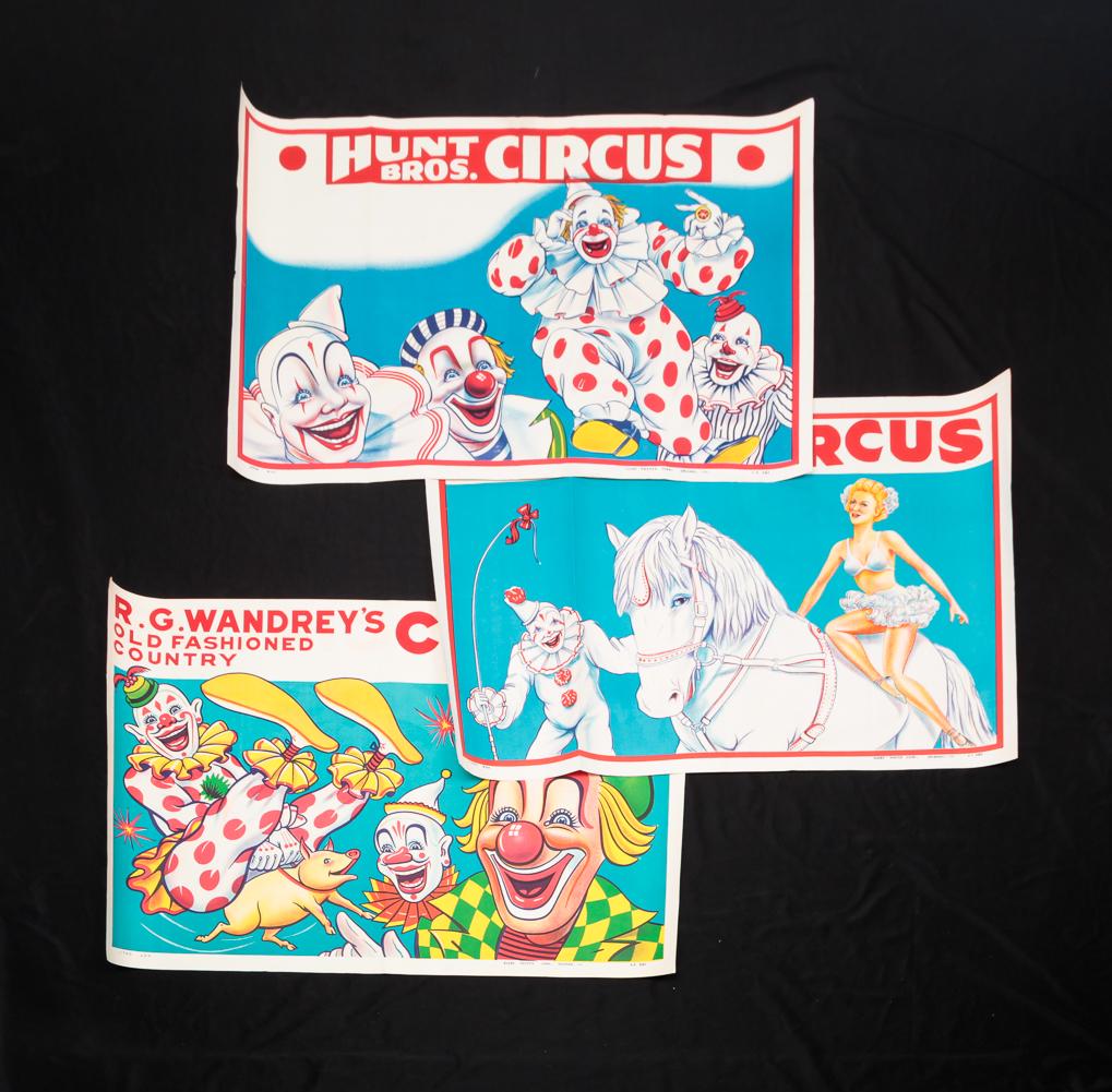 THREE CIRCUS POSTERS.: American, mid 20th century. Lithographs on paper printed by Globe Poster Corp. Chicago. All featuring clowns. "RG Wandrey's Old Fashioned Country Circus", "Hunt Bros Circus" and "Polack Bros. Circus"